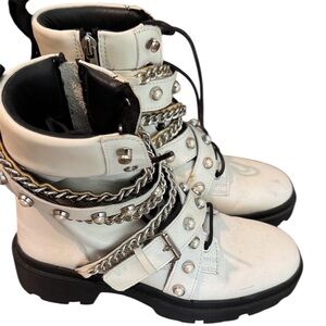 ZARA WINTER WHITE PEARLS SILVER CHAIN EMBELLISHED BIKER BOOTS SOLD OUT!